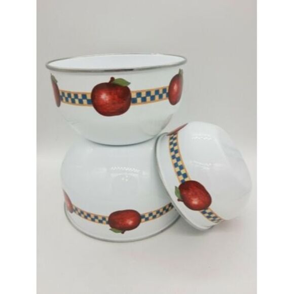 Set of 3 Retro Enamel Metal Nesting Bowls - Fruit Apples Checkered 🍎🍏 - Picture 1 of 9